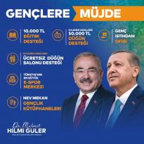 BAŞKAN GÜLER’DEN GENÇLERE MÜJDE ÜSTÜNE MÜJDE 10 BİN TL EĞİTİM DESTEĞİ NEV MEKAN GENÇLİK KÜTÜPHANELERİ TÜRKİYE’NİN EN BÜYÜK E-SPOR MERKEZİ ÜCRETSİZ DÜĞÜN SALONU DESTEĞİ 50 BİN TL DÜĞÜN DESTEĞİ GENÇ İSTİHDAM OFİSİ SOSYAL TESİSLERİNDE YÜZDE 50 İNDİRİM