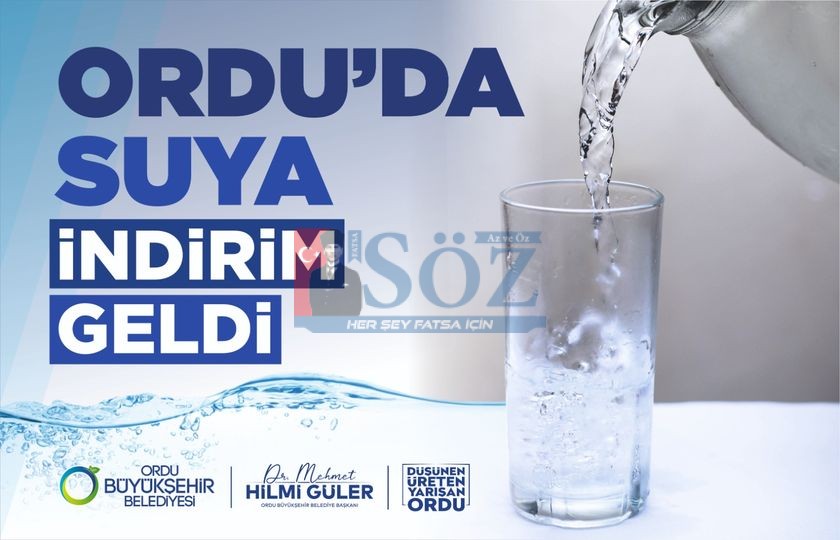 ORDU BÜYÜKŞEHİR BELEDİYESİNDEN SUYA İNDİRİM SUYA İNDİRİM TARİFESİ 1 NİSAN İTİBARİ İLE BAŞLADI. TÜM ABONELERE YÜZDE 25 UYGULANIRKEN, 65 YAŞ ÜSTÜ, ENGELLİ, ŞEHİT VE GAZİ AYLIĞI ALANLARA YÜZDE 50 İNDİRİM TARİFESİ UYGULANMASI KARARA BAĞLANDI ORDU BÜYÜKŞEHİR BELEDİYESİ, TÜM SU İNDİRİMLERİYLE ABONELERE YILLIK 701 MİLYON DESTEK VERMİŞ OLDU