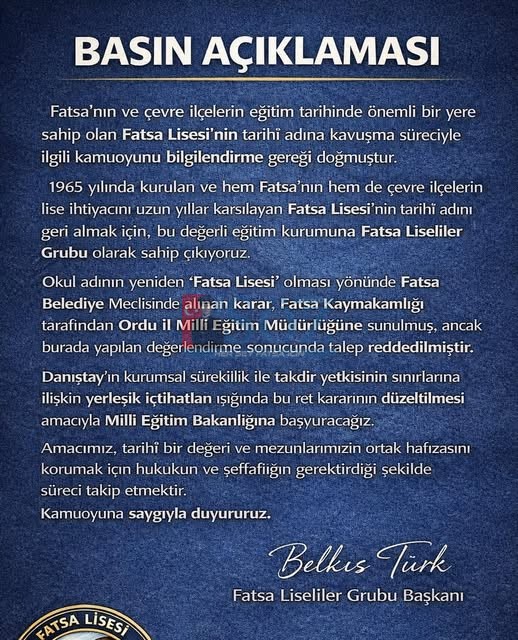 FATSA LİSESİ ADININ İADESİ İÇİN BAŞVURU YAPILACAK