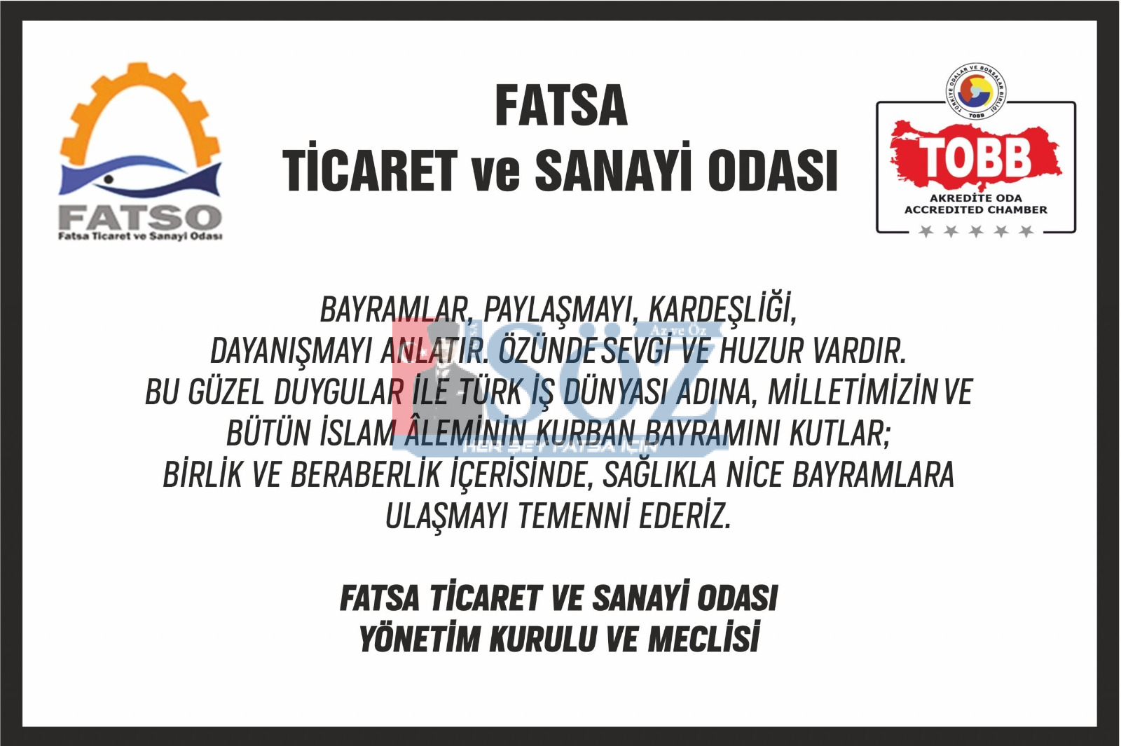 FATSA TİCARET VE SANAYİ ODASI’NDAN KURBAN BAYRAMI MESAJI